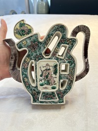 Two Chinese verte biscuit 'fu 福' wine ewers and covers, 19th C.
