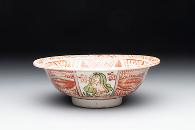 A Chinese Swatow wucai 'klapmuts' bowl with a duck, Ming