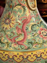 An imperial Chinese turquoise-ground famille rose 'chilong and flower scrolls' vase, Jiaqing mark and of the period
