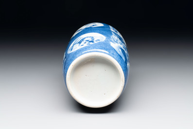 A Chinese blue and white powder-blue-ground 'Zhang Qian Cheng Cha 張騫乘槎' rouleau vase, Kangxi