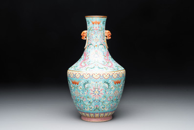 An imperial Chinese turquoise-ground famille rose 'chilong and flower scrolls' vase, Jiaqing mark and of the period