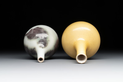 A Chinese copper-red 'mythical beasts' vase and a yellow-glazed bottle vase, with two wooden stands, Kangxi and later