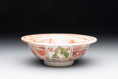 A Chinese Swatow wucai 'klapmuts' bowl with a duck, Ming