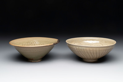 Two Chinese Yaozhou celadon bowls with anhua floral design, Song/Yuan