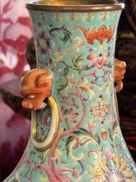 An imperial Chinese turquoise-ground famille rose 'chilong and flower scrolls' vase, Jiaqing mark and of the period