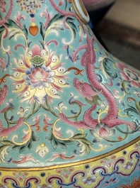 An imperial Chinese turquoise-ground famille rose 'chilong and flower scrolls' vase, Jiaqing mark and of the period