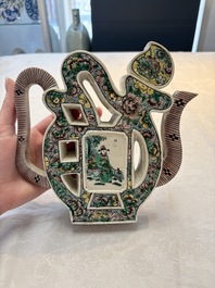 Two Chinese verte biscuit 'fu 福' wine ewers and covers, 19th C.