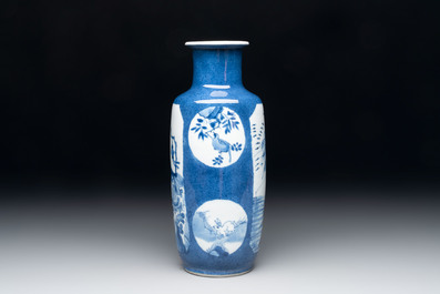 A Chinese blue and white powder-blue-ground 'Zhang Qian Cheng Cha 張騫乘槎' rouleau vase, Kangxi