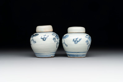 A pair of Chinese white-glazed vases and a pair of blue and white covered jars, Wanli mark and of the period