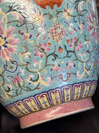 An imperial Chinese turquoise-ground famille rose 'chilong and flower scrolls' vase, Jiaqing mark and of the period