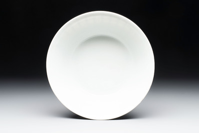 A Chinese blue and white 'calligraphic ' bowl and a plate, Bao Zhu Li Ji 寶珠利記 and Man Tang Fu Ji 滿堂福記 mark, 19th C.
