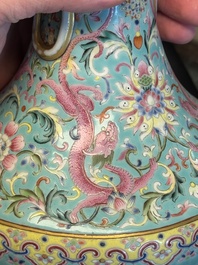 An imperial Chinese turquoise-ground famille rose 'chilong and flower scrolls' vase, Jiaqing mark and of the period