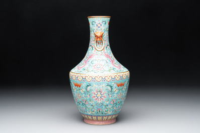 An imperial Chinese turquoise-ground famille rose 'chilong and flower scrolls' vase, Jiaqing mark and of the period