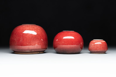 Three Chinese copper-red-glazed water pots, Kangxi mark, 19th C.