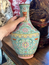 An imperial Chinese turquoise-ground famille rose 'chilong and flower scrolls' vase, Jiaqing mark and of the period
