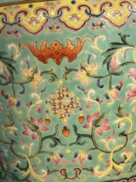An imperial Chinese turquoise-ground famille rose 'chilong and flower scrolls' vase, Jiaqing mark and of the period