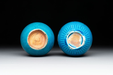 Three Chinese yellow-glazed vases and two turquoise-glazed vases, 19th C.