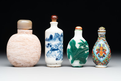 A diverse group of four Chinese snuff bottles, one with Qianlong mark, 19th C.