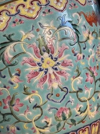 An imperial Chinese turquoise-ground famille rose 'chilong and flower scrolls' vase, Jiaqing mark and of the period