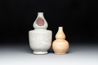 Two Chinese ge-type double-gourd vases, one with a wooden stand, 19th C.