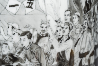 A large and extremely rare Chinese grisaille vase, signed Wang Xiaofan 王曉凡, Jiangxi Ciye Gongsi 江西瓷業公司 mark, dated 1950