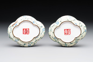A pair of Chinese Canton enamel quadrifoil 'river landscape' saucers, Yi Qi 亦奇 mark, 18th C.