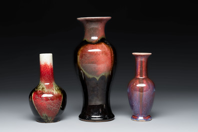 Three Chinese flamb&eacute;-glazed vases, 19th C.