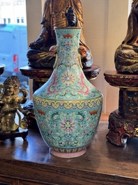 An imperial Chinese turquoise-ground famille rose 'chilong and flower scrolls' vase, Jiaqing mark and of the period
