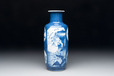 A Chinese blue and white powder-blue-ground 'Zhang Qian Cheng Cha 張騫乘槎' rouleau vase, Kangxi