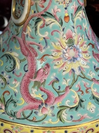 An imperial Chinese turquoise-ground famille rose 'chilong and flower scrolls' vase, Jiaqing mark and of the period