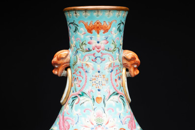 An imperial Chinese turquoise-ground famille rose 'chilong and flower scrolls' vase, Jiaqing mark and of the period