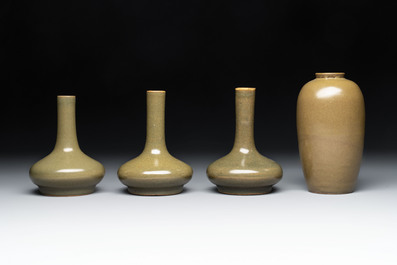 Four Chinese teadust-glazed vases and a brush washer, 19th C.