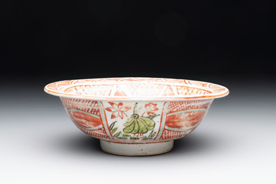 A Chinese Swatow wucai 'klapmuts' bowl with a duck, Ming