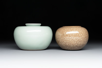 A Chinese celadon-glazed water pot and a ge-type water pot on wooden stands, Qianlong mark, 19th C.