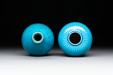 Three Chinese yellow-glazed vases and two turquoise-glazed vases, 19th C.