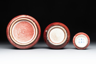 Three Chinese copper-red-glazed water pots, Kangxi mark, 19th C.