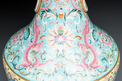 An imperial Chinese turquoise-ground famille rose 'chilong and flower scrolls' vase, Jiaqing mark and of the period