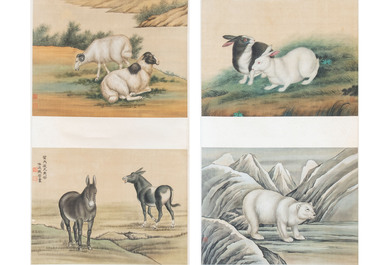 Ma Jin 馬晉 (1900-1970): 'Sheep, Donkeys, Rabbits and a Polar bear', ink and colour on silk