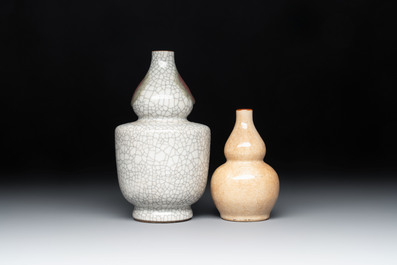 Two Chinese ge-type double-gourd vases, one with a wooden stand, 19th C.