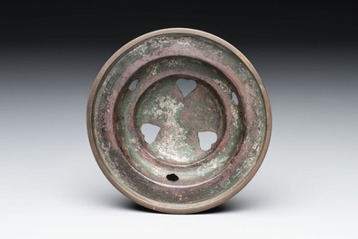 A Chinese bronze tripod censer and cover, Sui/Tang