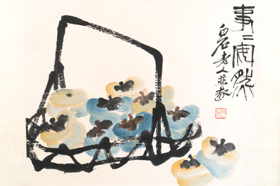 In the manner of Qi Baishi 齊白石 (1864-1957): 'Persimmons' and Wang Fuchang 王福厂(1880-1960): 'Calligraphy', ink and colour on paper