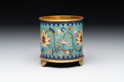 A Chinese cloisonn&eacute; cylindrical tripod censer with lotus scrolls, Qianlong mark and of the period