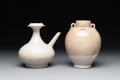 A Chinese crackle-glazed vase and a cream-glazed kendi, Tang/Song