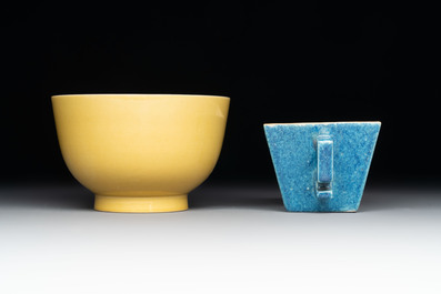 A Chinese yellow-glazed bowl, a robin's egg-glazed square cup and a powder-blue-ground seal paste box, 19/20th C.