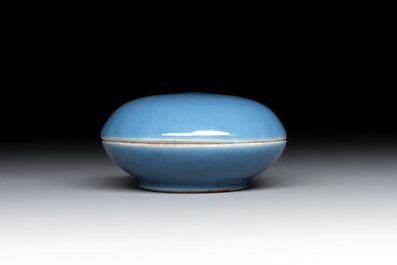 Three Chinese blue-glazed miniature vases on wooden stands and a claire-de-lune seal paste box and cover, 19th C.
