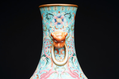 An imperial Chinese turquoise-ground famille rose 'chilong and flower scrolls' vase, Jiaqing mark and of the period