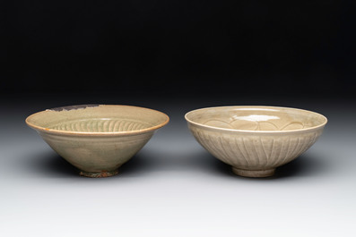 Two Chinese Yaozhou celadon bowls with anhua floral design, Song/Yuan