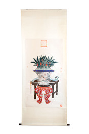 In the manner of Chen Shaofeng 陳兆鳳 (Late Qing Dynasty): 'Qinggong 清供', ink and colour on paper, Cixi mark, 20th C.