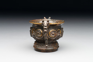 A Chinese archaistic gold and silver-inlaid bronze miniature censer, Ming