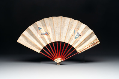A chinoiserie folding fan, watercolour on paper and bone, France, early 19th C.